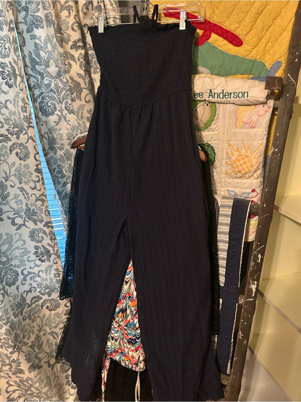 Strapless Navy Wide-Leg Smocked Jumpsuit - Women
